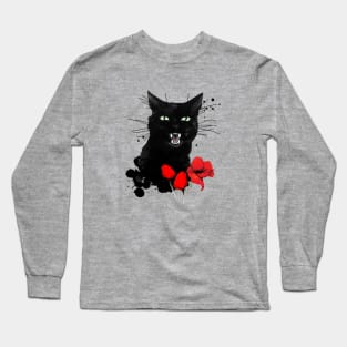 Black Cat Red Poppy Long Sleeve T-Shirt